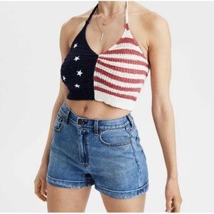 American Eagle Crochet Halter Top USA Flag Cropped Festival Concert Red Blue M